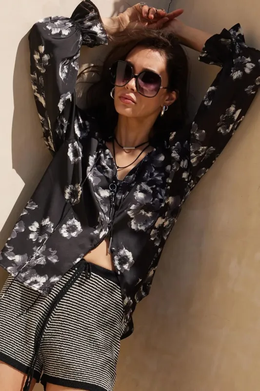 Lush Living Floral Satin Button-Up Peasant Top sold by Promesa