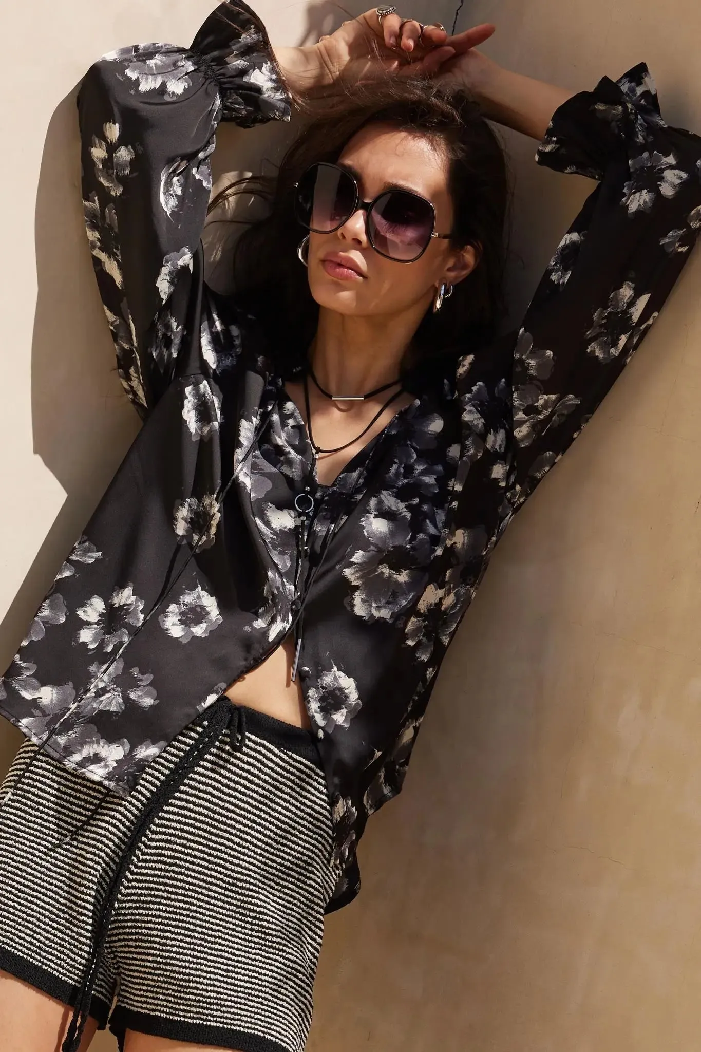 Lush Living Floral Satin Button-Up Peasant Top sold by Promesa