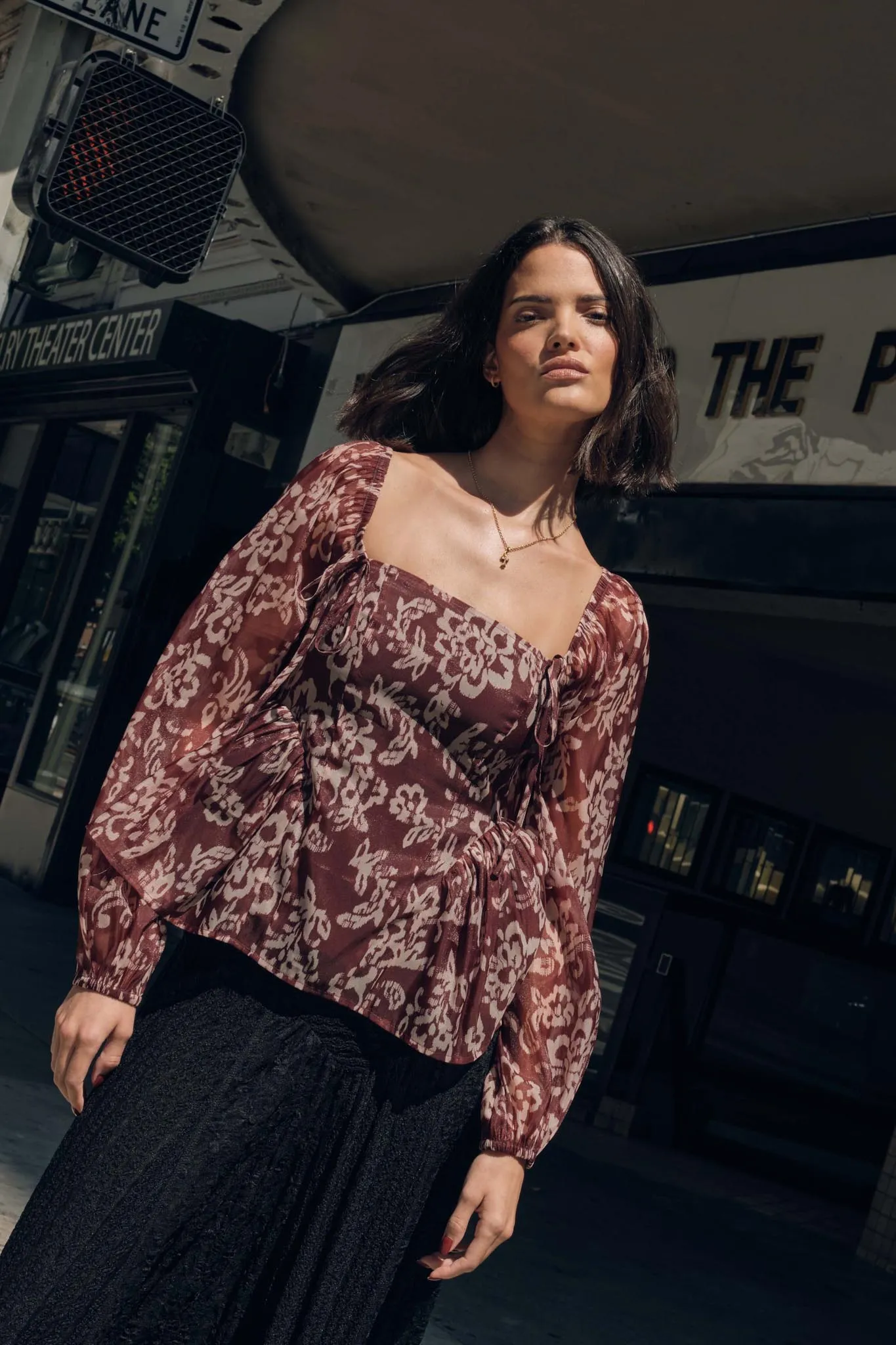 Bloom with Grace Floral Organza Peplum Peasant Top sold by Promesa