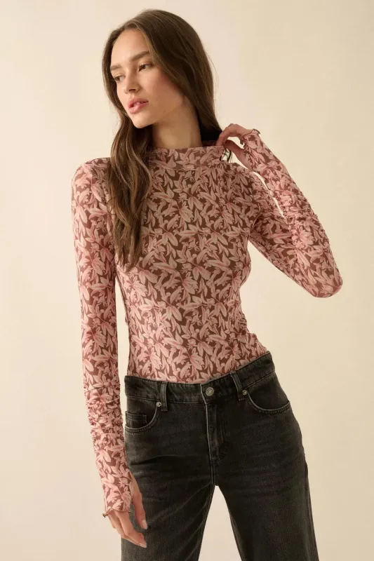 Pretty Petals Floral Mesh Mock-Neck Bodysuit sold by Promesa