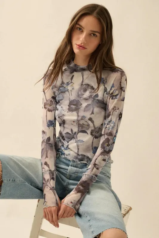 Painted Beauty Floral Mesh Mock-Neck Thumbhole Top sold by Promesa