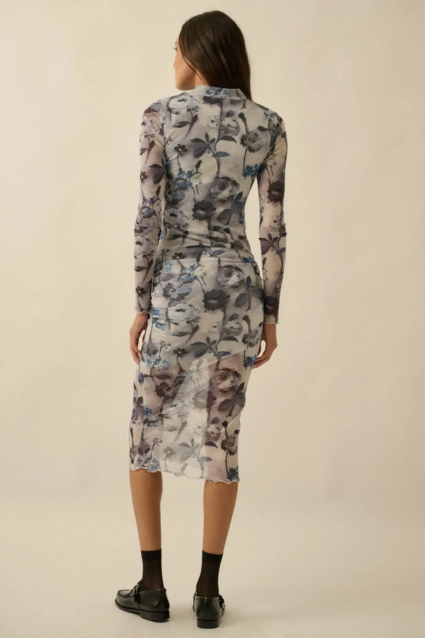 Watercolor Garden Floral Mesh Mock-Neck Midi Dress sold by Promesa product image thumbnail 2