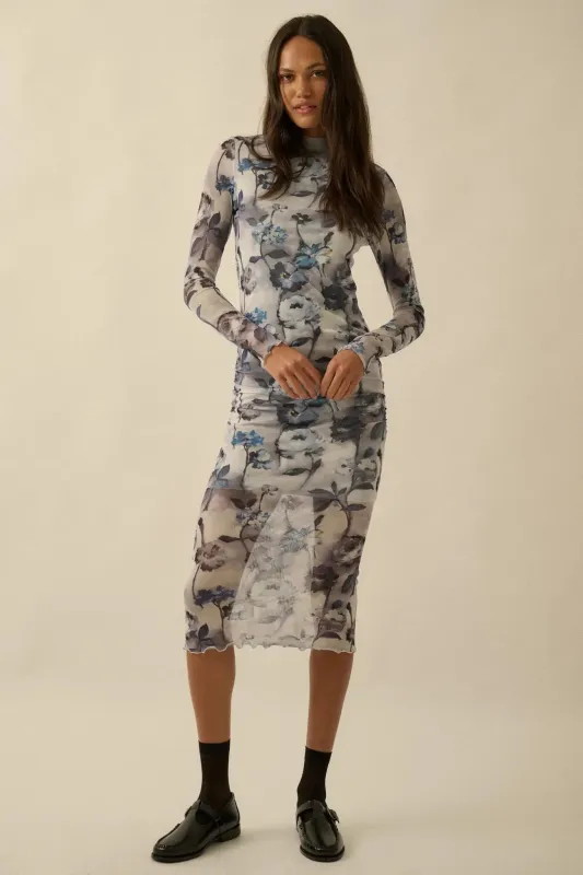 Watercolor Garden Floral Mesh Mock-Neck Midi Dress sold by Promesa