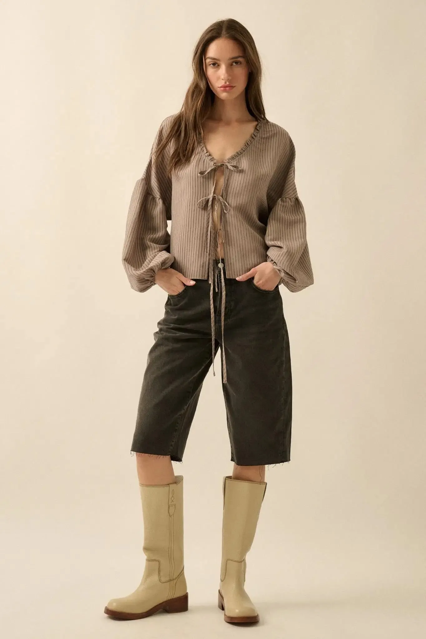 Love Me True Tie-Front Balloon-Sleeve Peasant Top sold by Promesa product image thumbnail 3