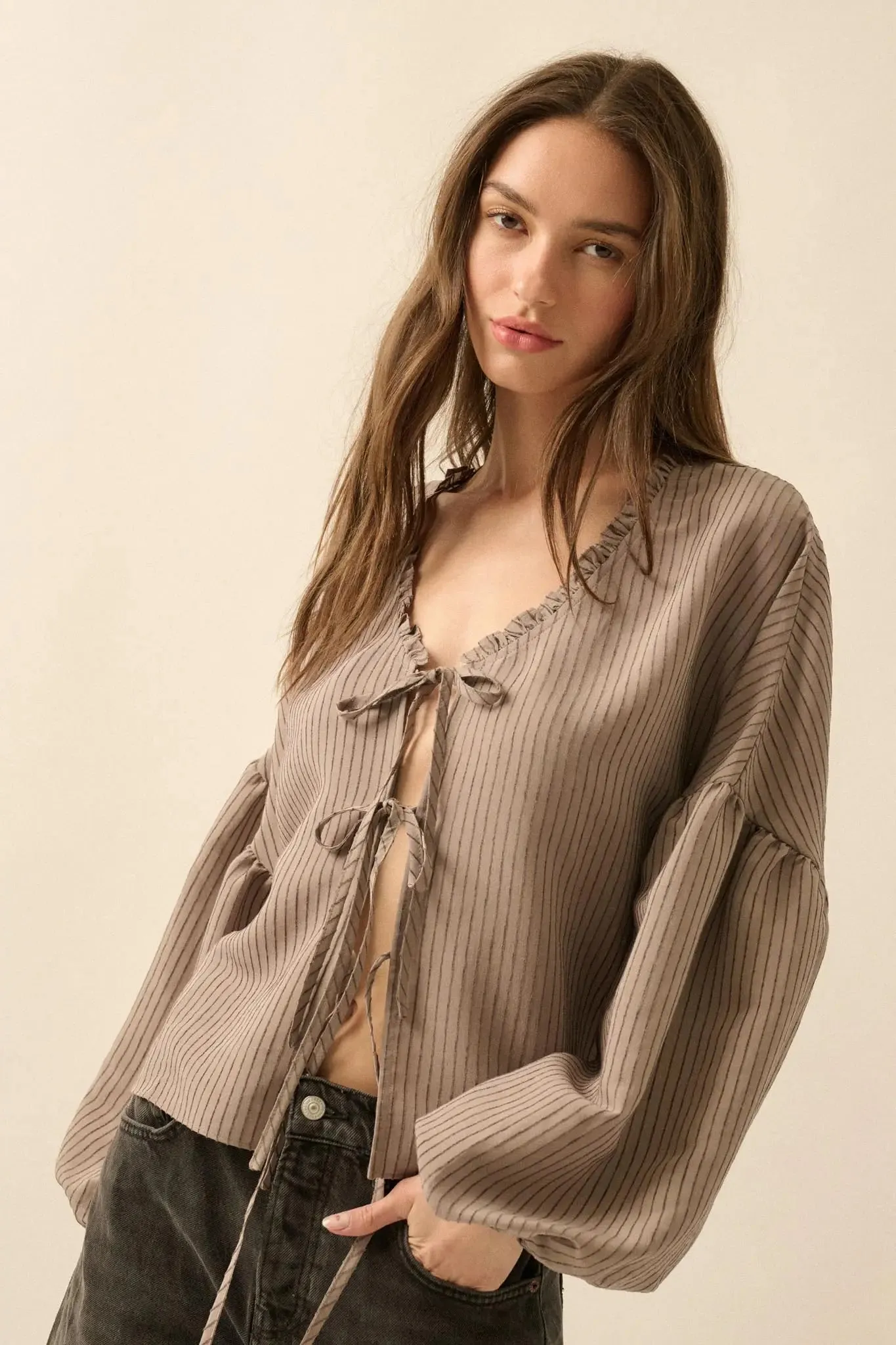 Love Me True Tie-Front Balloon-Sleeve Peasant Top sold by Promesa product image thumbnail 5