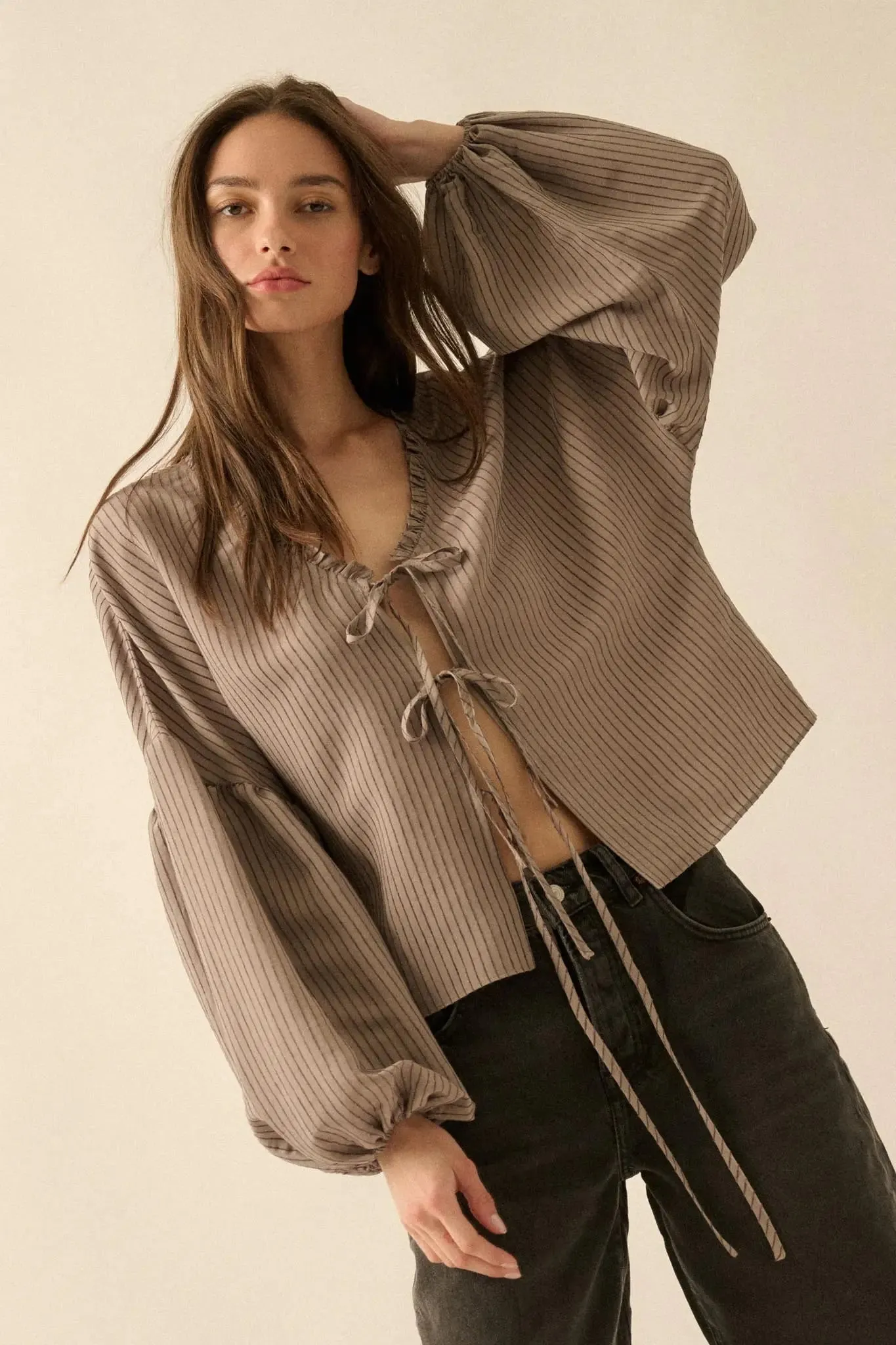 Love Me True Tie-Front Balloon-Sleeve Peasant Top sold by Promesa