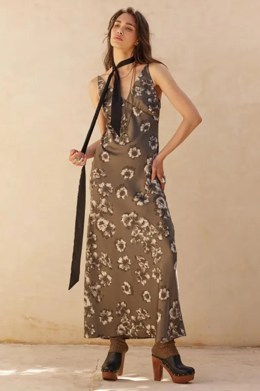 Silken Blossoms Bias-Cut Floral Satin Maxi Dress sold by Promesa