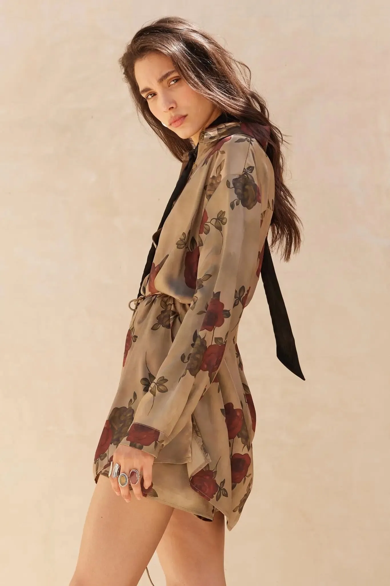 Beautiful World Floral Satin Belted Shirt Romper sold by Promesa product image thumbnail 5