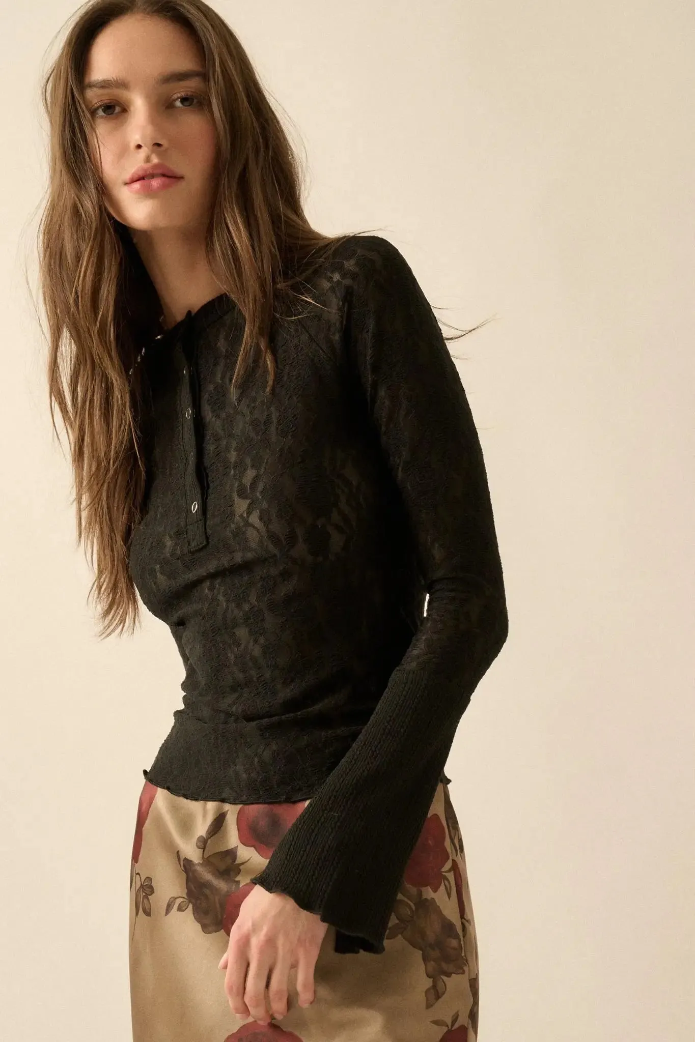 Casual Grace Floral Lace Raglan Henley Top sold by Promesa