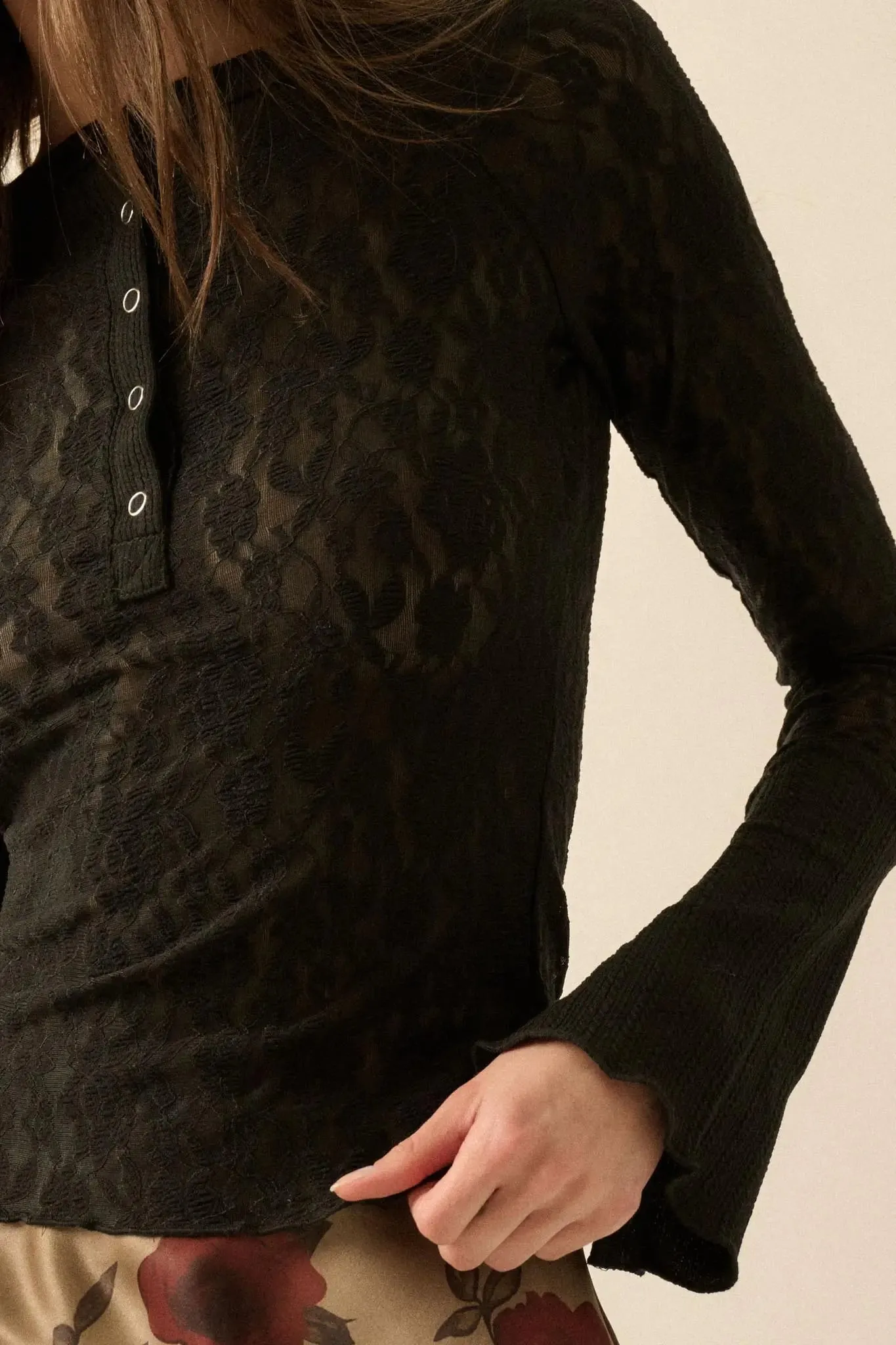 Casual Grace Floral Lace Raglan Henley Top sold by Promesa product image thumbnail 4
