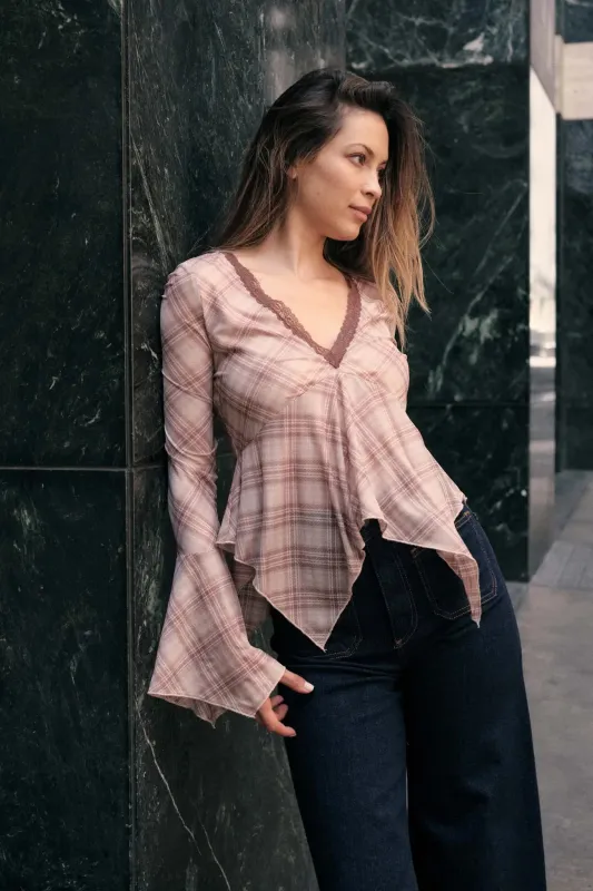 Check You Out Plaid Bell-Sleeve Handkerchief Top sold by Promesa