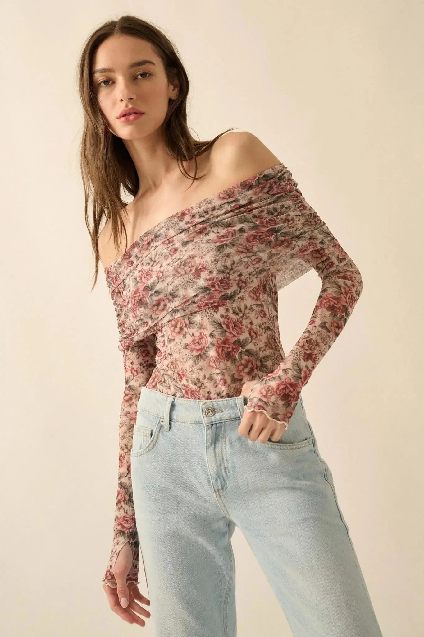 Poetic Petals Floral Mesh Foldover Bodysuit sold by Promesa product image thumbnail 3