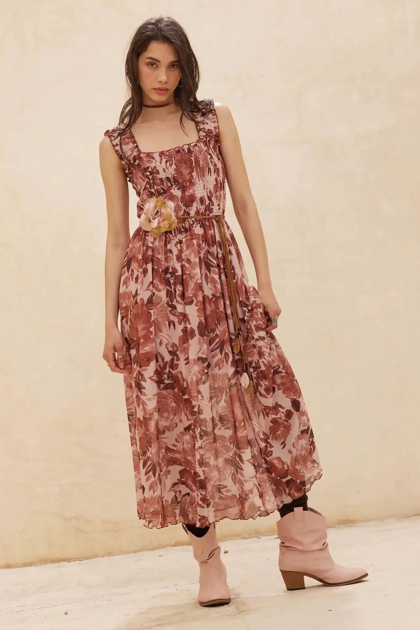 Awesome Blossoms Floral Mesh Smocked Midi Dress sold by Promesa product image thumbnail 3
