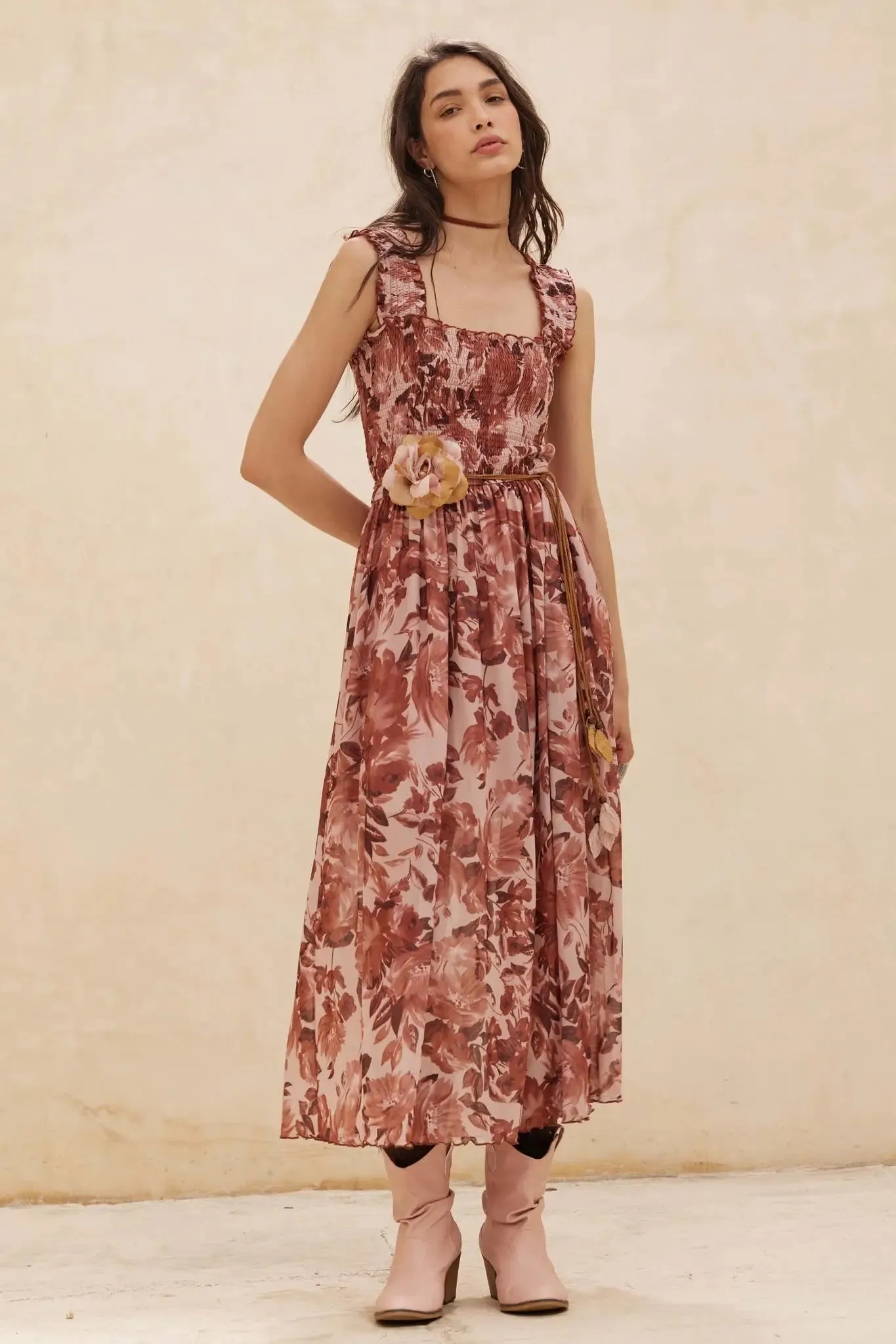 Awesome Blossoms Floral Mesh Smocked Midi Dress sold by Promesa