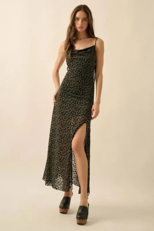 Wild Romance Leopard Mesh Cowl-Neck Maxi Dress sold by Promesa