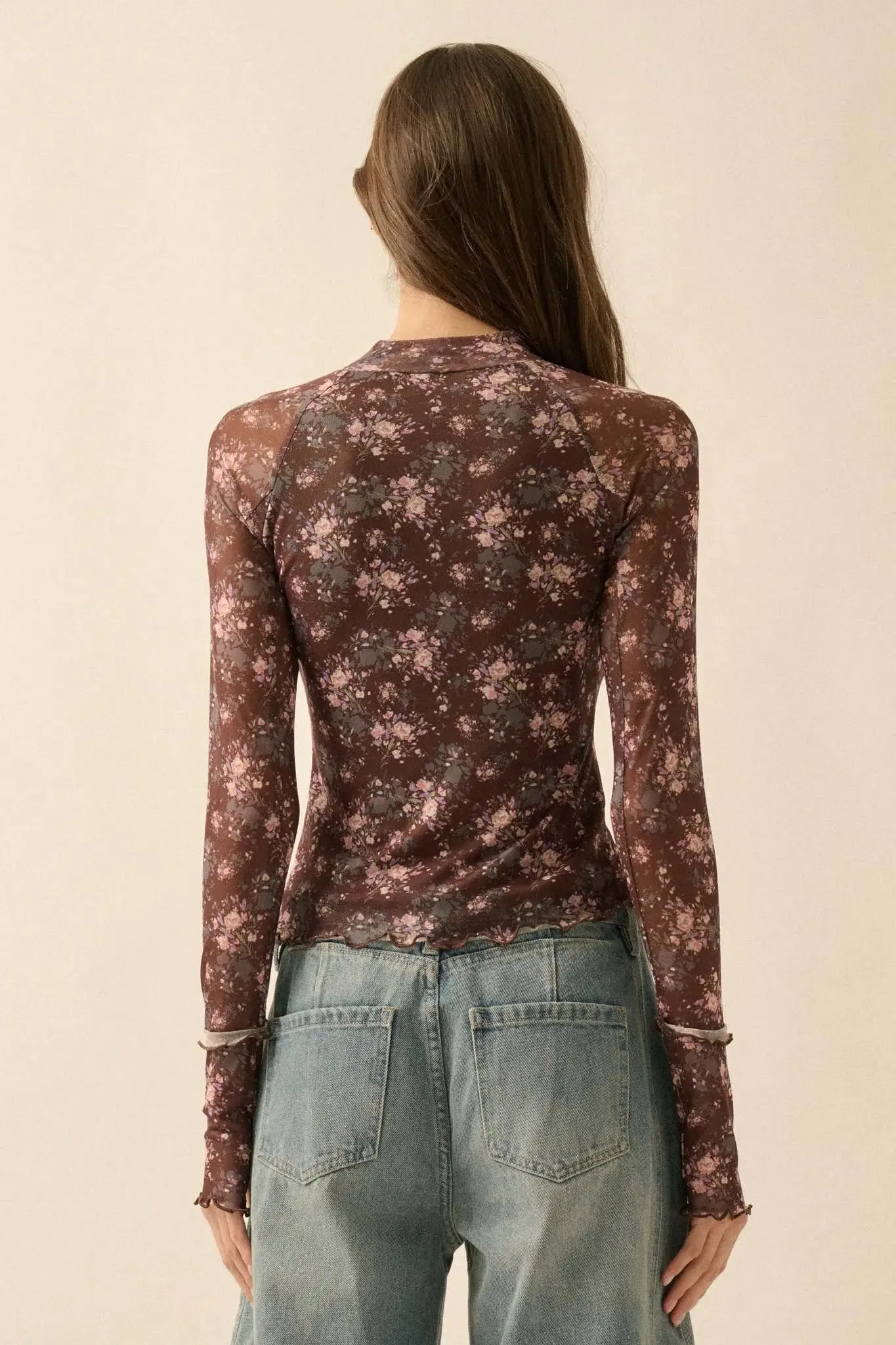 Full Flower Floral Mesh Mock-Neck Thumbhole Top sold by Promesa product image thumbnail 2