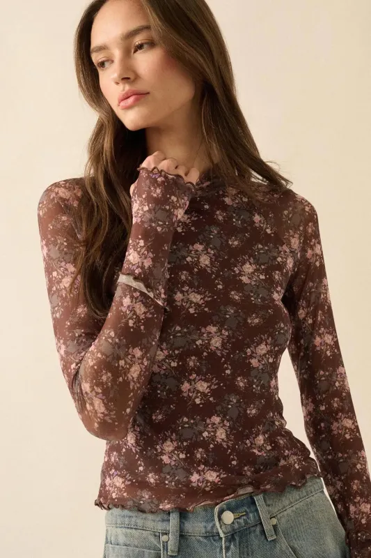 Full Flower Floral Mesh Mock-Neck Thumbhole Top sold by Promesa