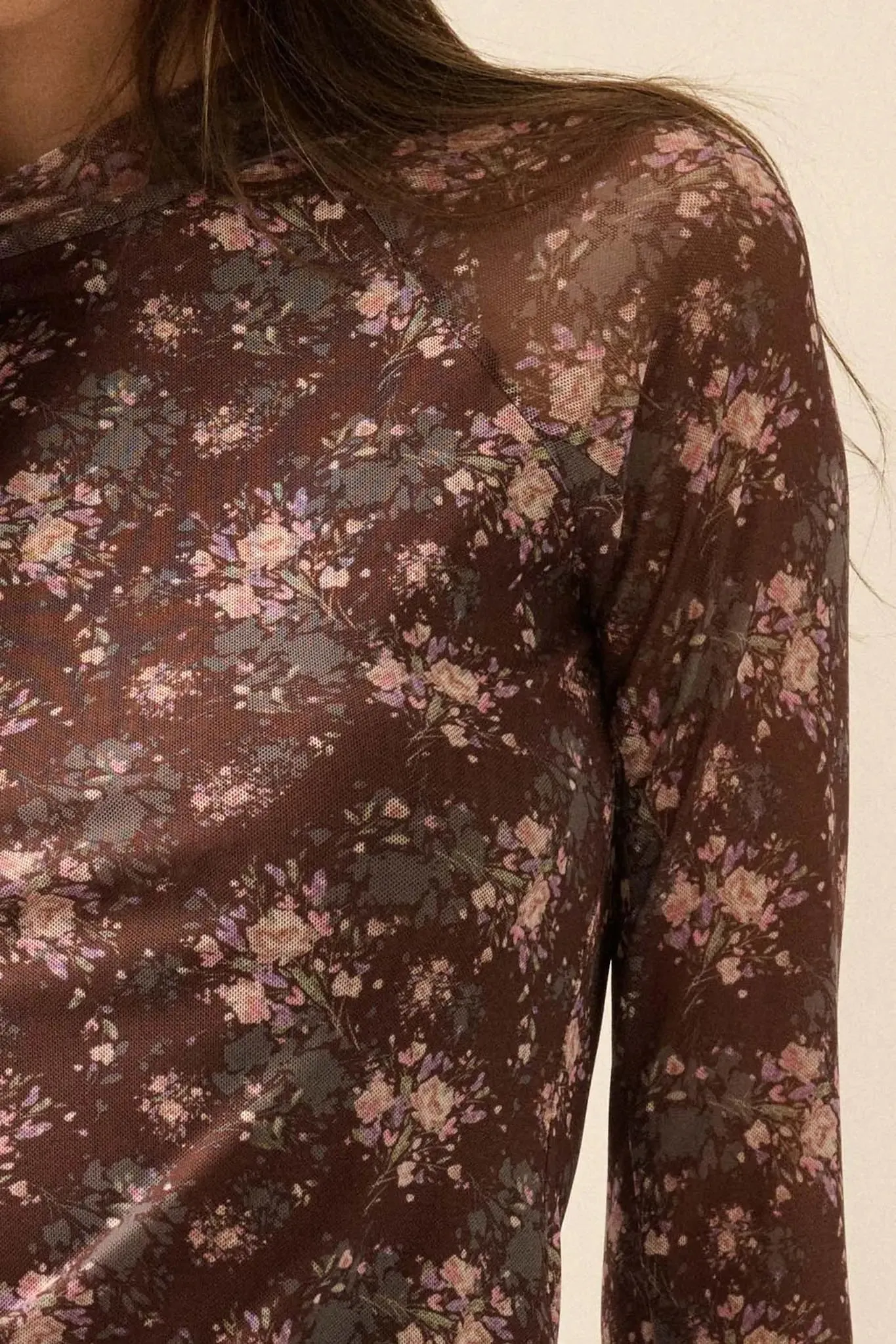 Full Flower Floral Mesh Mock-Neck Thumbhole Top sold by Promesa product image thumbnail 4