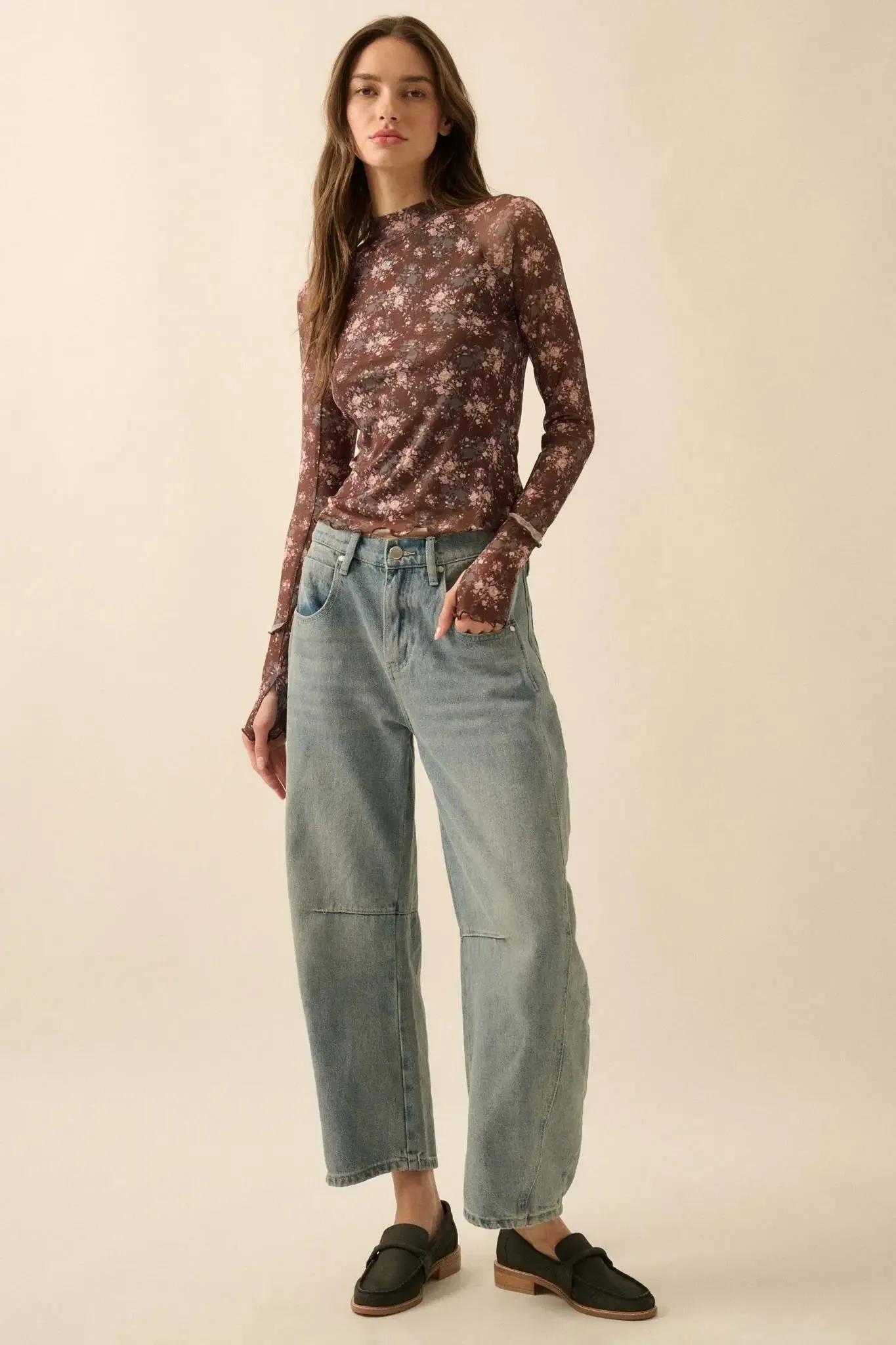 Full Flower Floral Mesh Mock-Neck Thumbhole Top sold by Promesa product image thumbnail 3