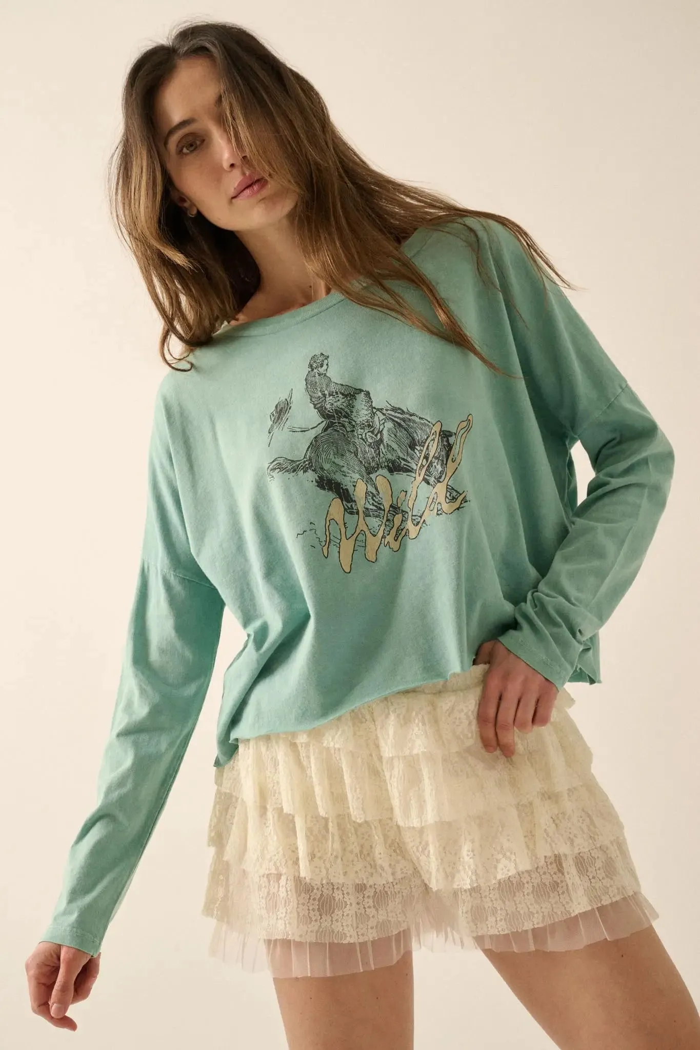 Wild Bronco Cropped Long-Sleeve Graphic Tee sold by Promesa product image thumbnail 5