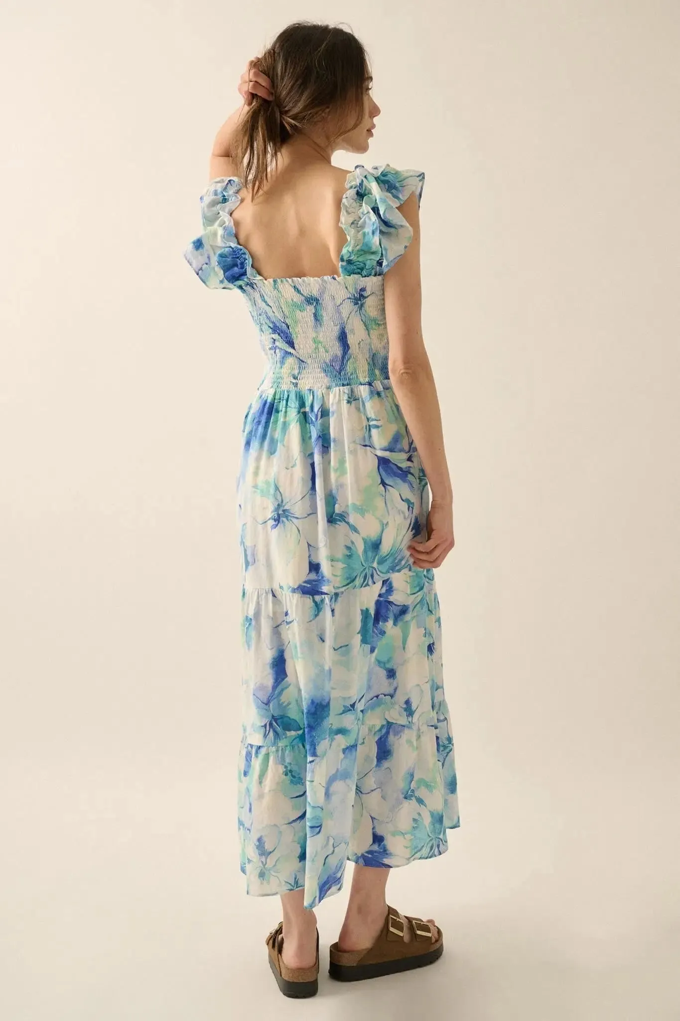 Cyan Blossoms Floral Smocked Ruffle Midi Dress sold by Promesa product image thumbnail 2