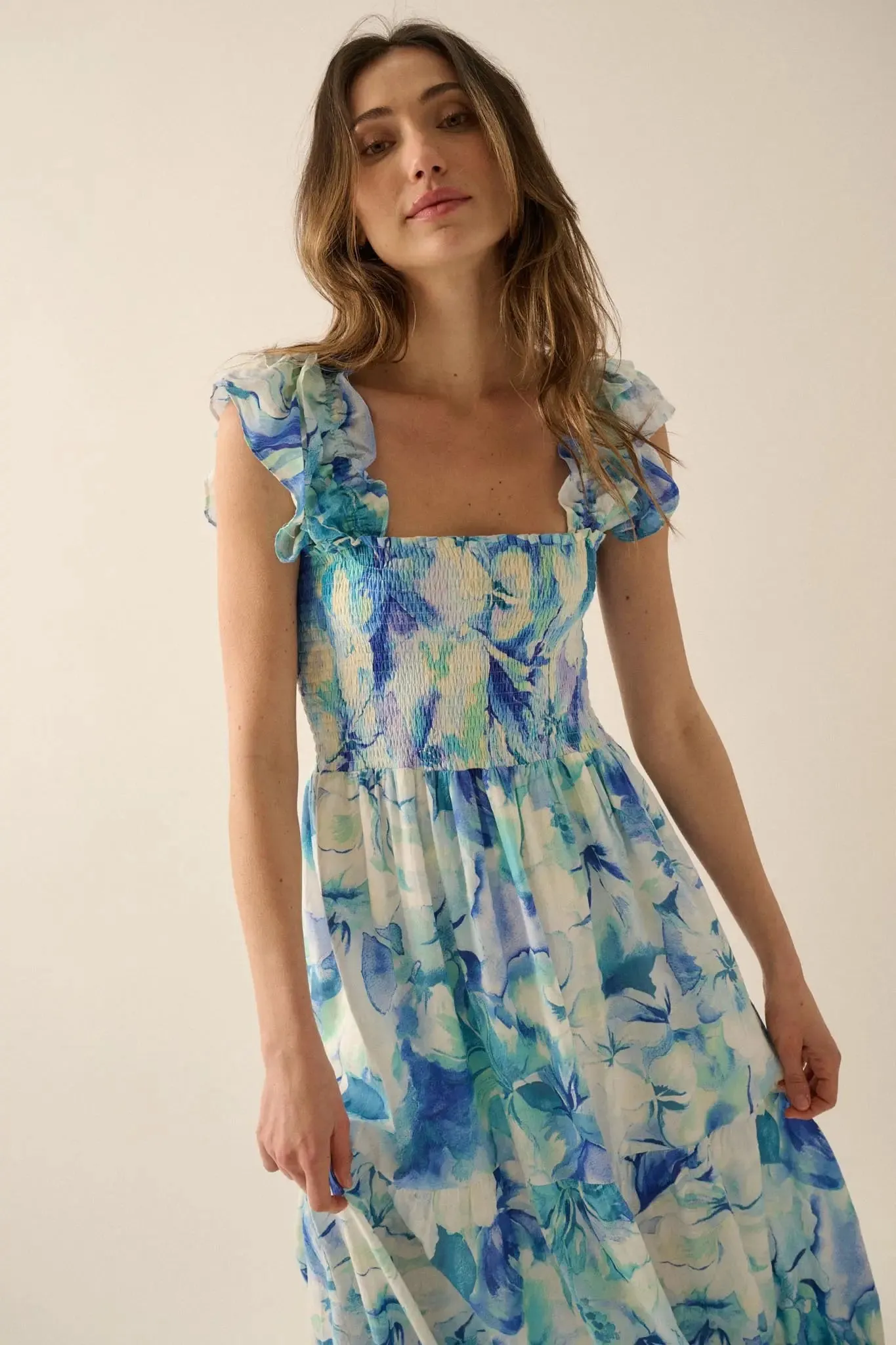 Cyan Blossoms Floral Smocked Ruffle Midi Dress sold by Promesa product image thumbnail 3