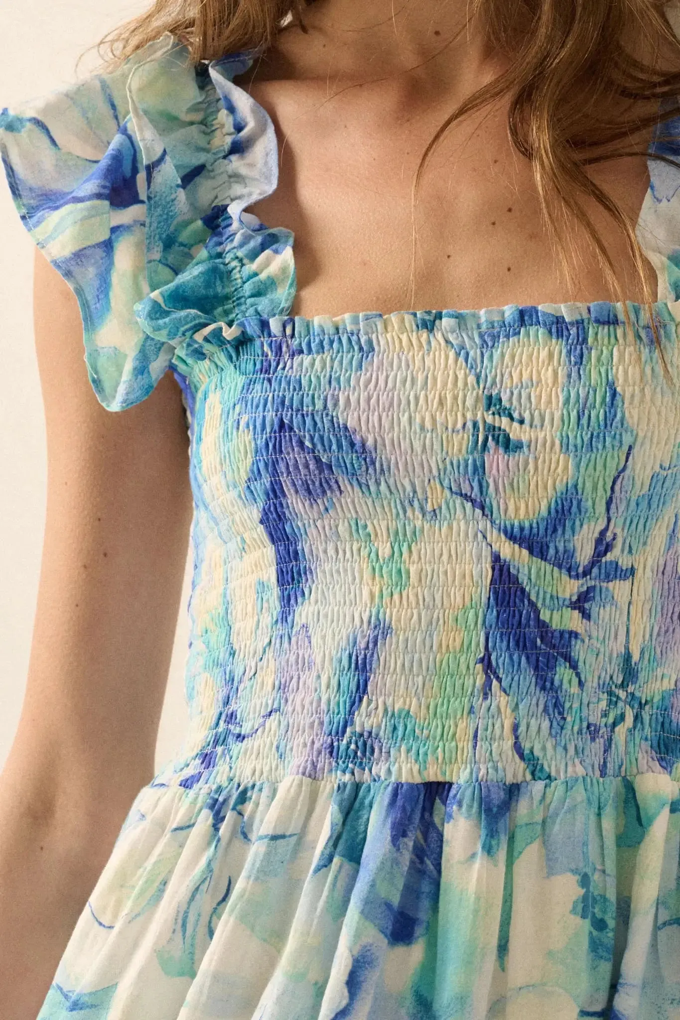 Cyan Blossoms Floral Smocked Ruffle Midi Dress sold by Promesa product image thumbnail 5