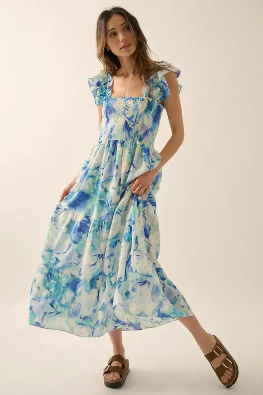 Cyan Blossoms Floral Smocked Ruffle Midi Dress sold by Promesa