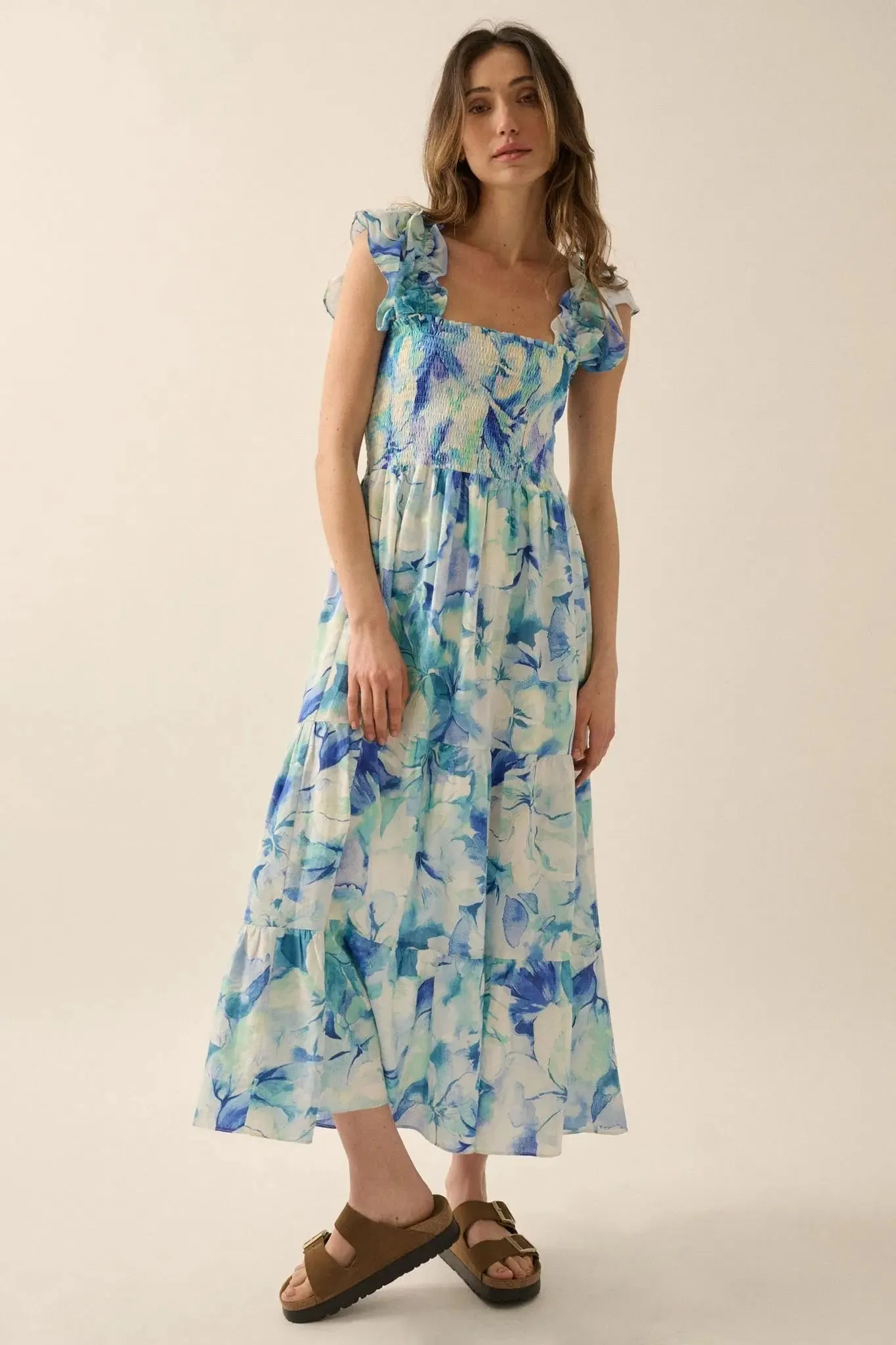 Cyan Blossoms Floral Smocked Ruffle Midi Dress sold by Promesa product image thumbnail 4