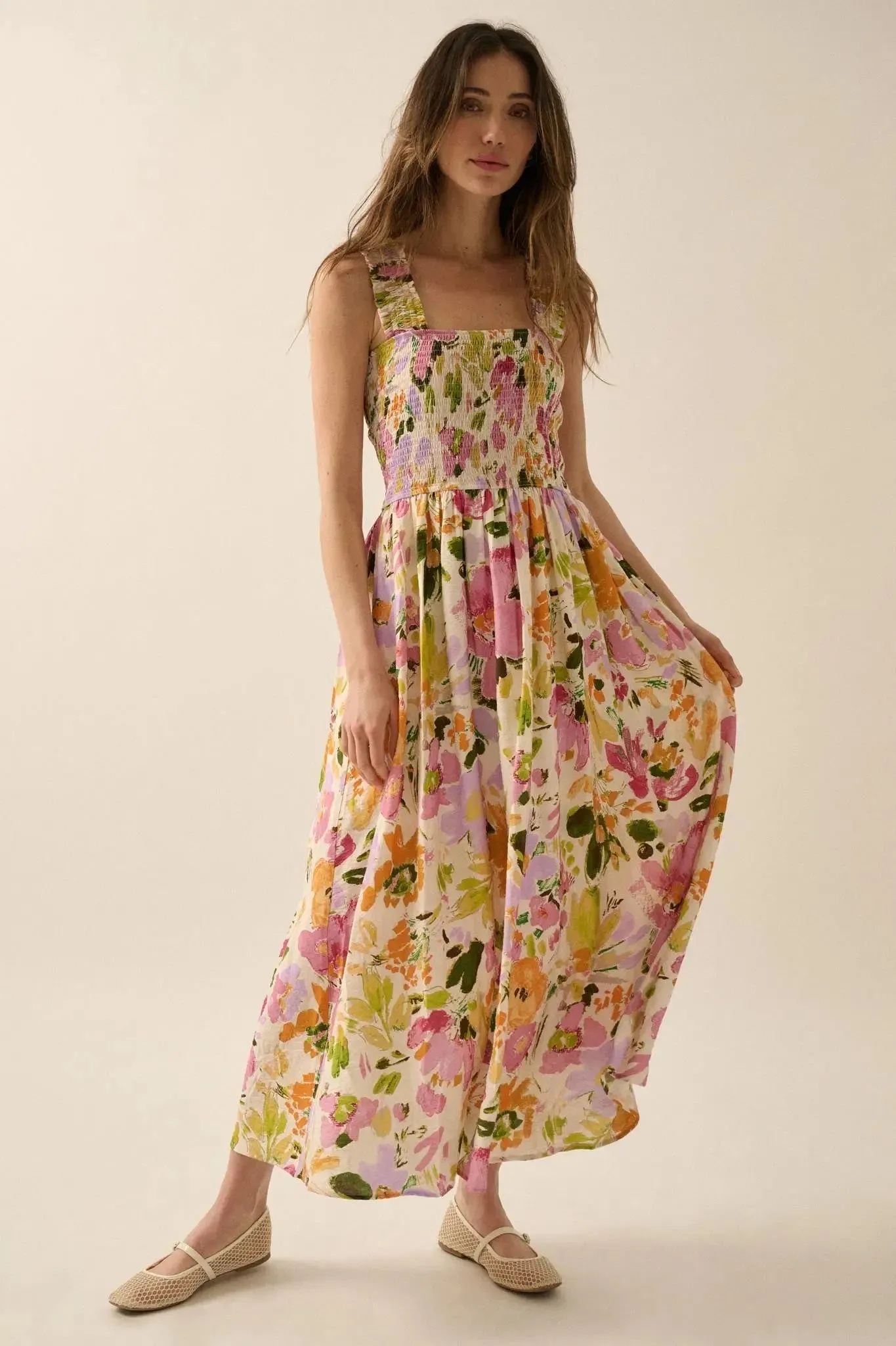 Blooming Dawn Smocked Floral Midi Dress sold by Promesa product image thumbnail 4