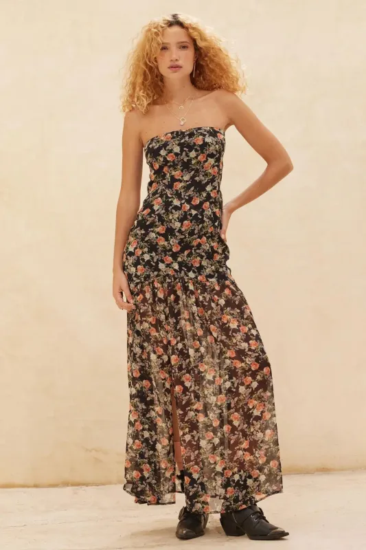 Garden Romance Floral Chiffon Strapless Maxi Dress sold by Promesa