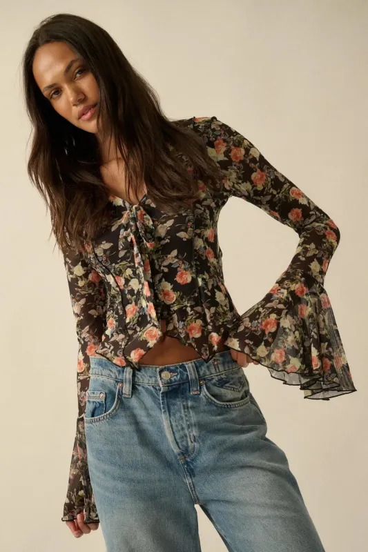Garden Beauty Floral Mesh Bell-Sleeve Top sold by Promesa
