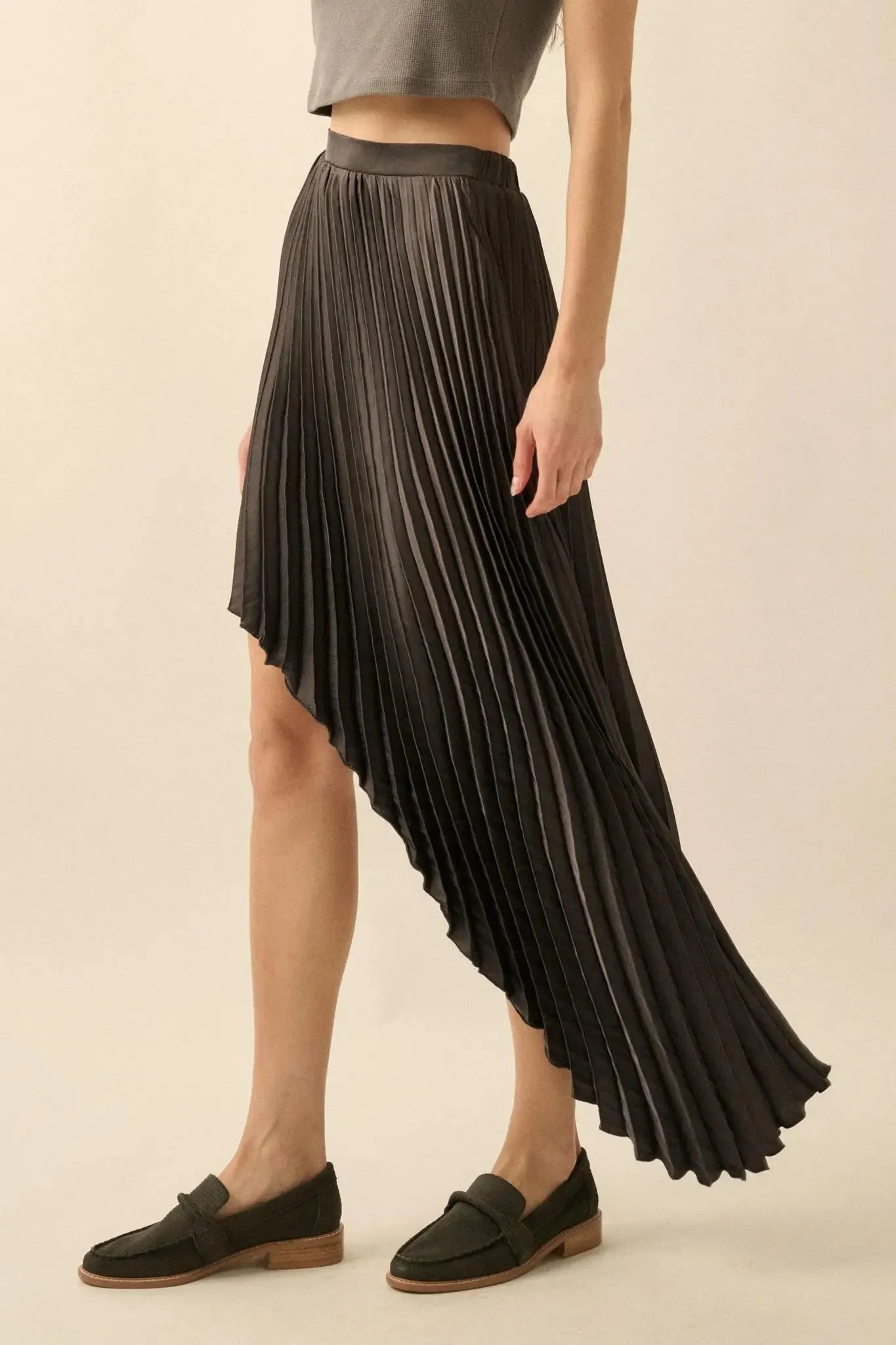 Sleek Pleats Asymmetrical Pleated Satin Skirt sold by Promesa product image thumbnail 5