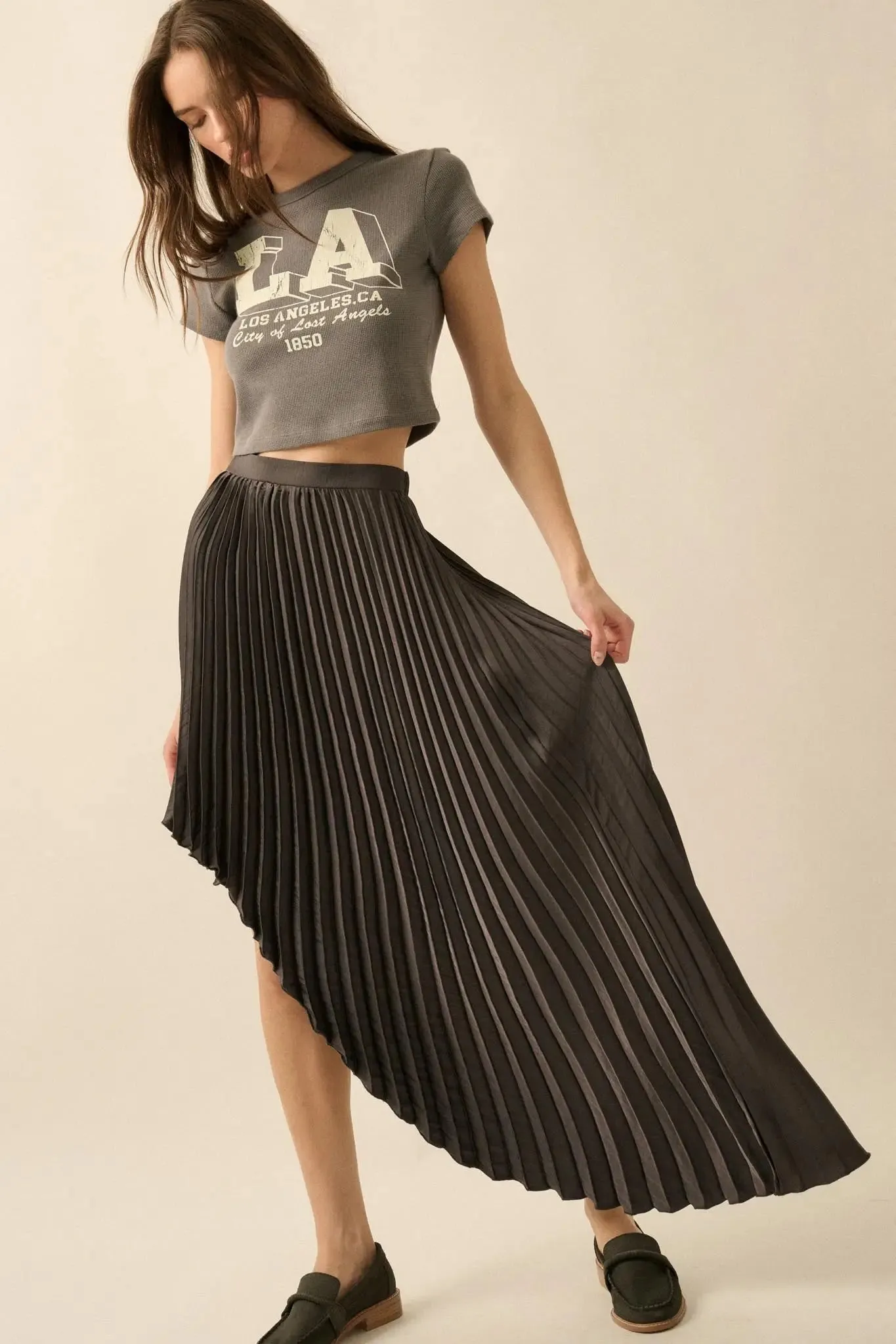 Sleek Pleats Asymmetrical Pleated Satin Skirt sold by Promesa