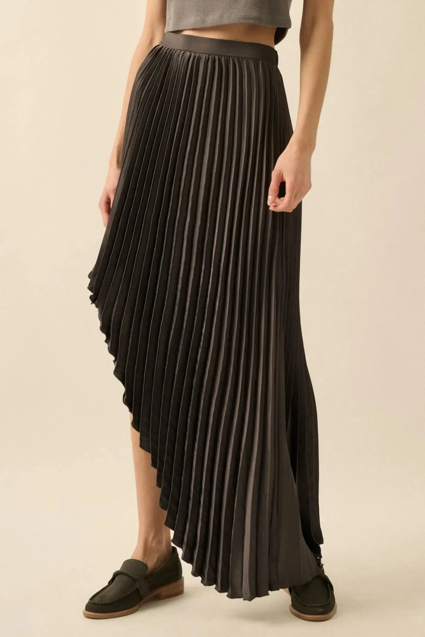 Sleek Pleats Asymmetrical Pleated Satin Skirt sold by Promesa product image thumbnail 2