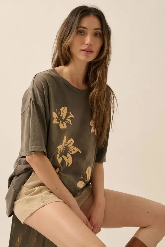 Lovely Lilies Vintage-Wash Oversize Graphic Tee sold by Promesa