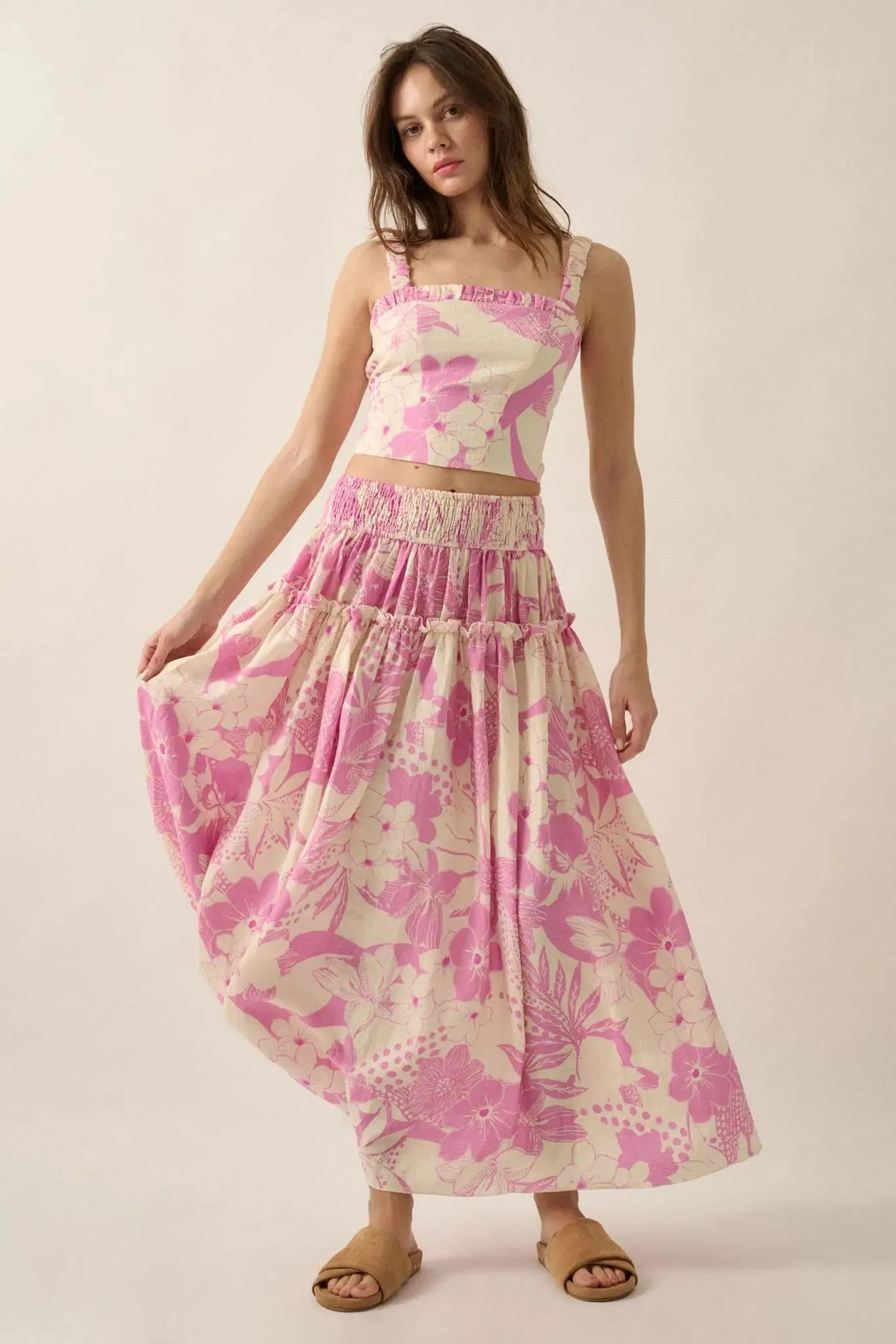 Taste the Tropics Floral Tiered Ruffle Maxi Skirt sold by Promesa