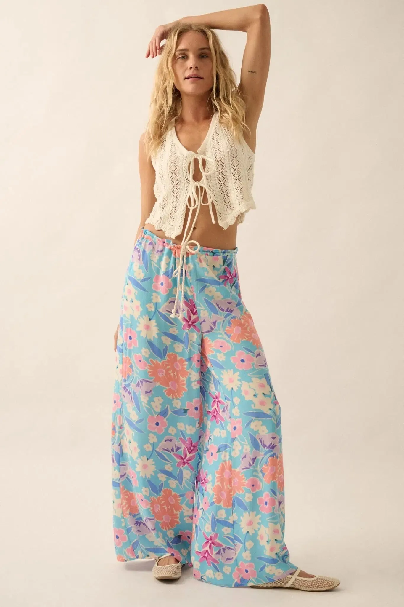 Let It Grow Floral Crepe Wide-Leg Drawstring Pants sold by Promesa