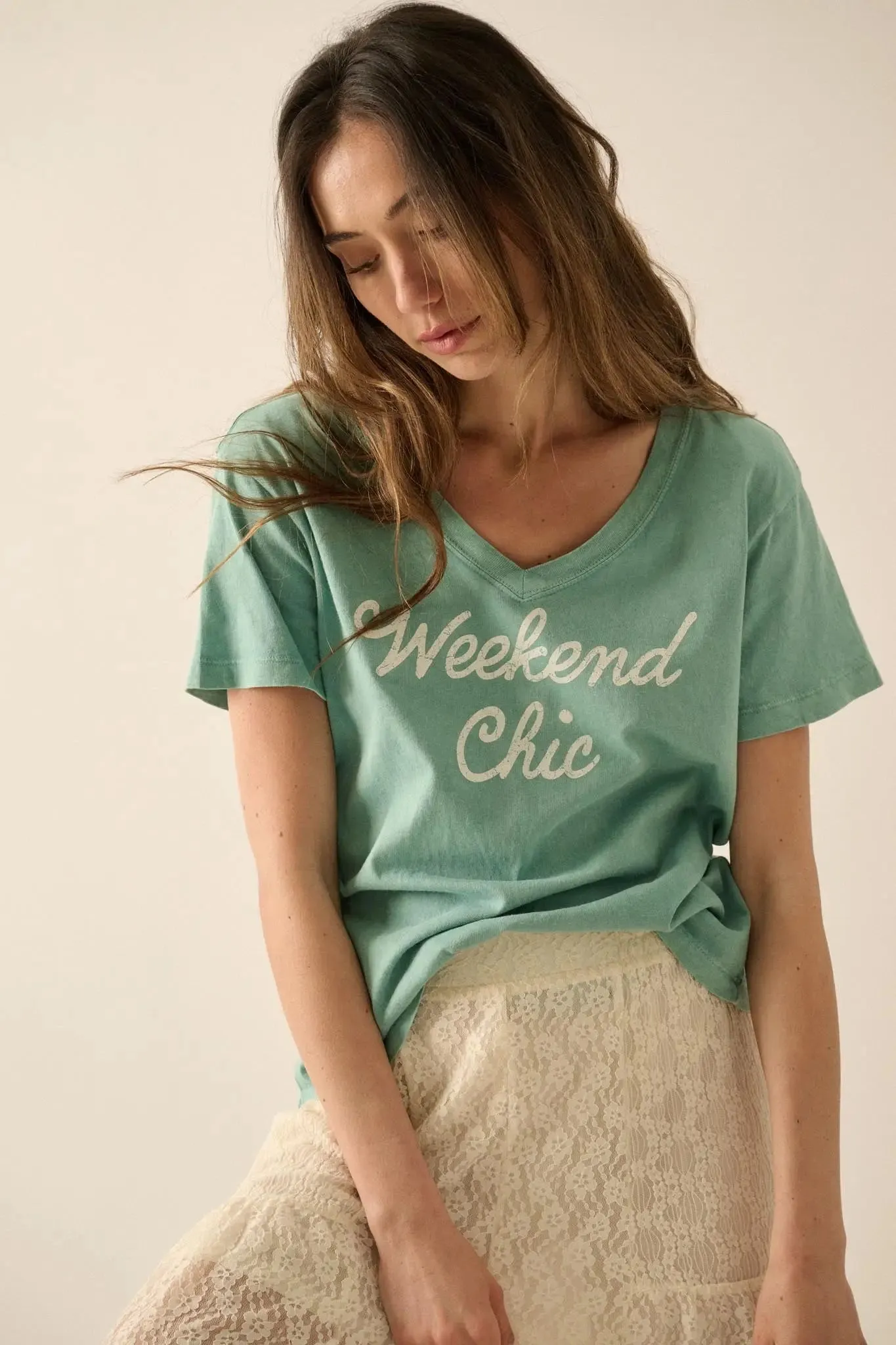Weekend Chic Vintage-Wash V-Neck Graphic Tee sold by Promesa