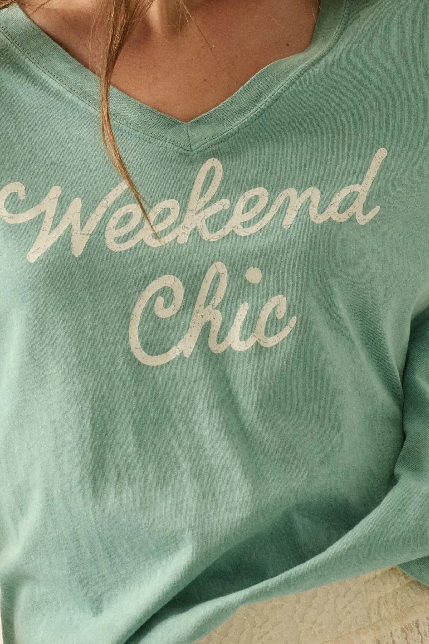 Weekend Chic Vintage-Wash V-Neck Graphic Tee sold by Promesa product image thumbnail 2
