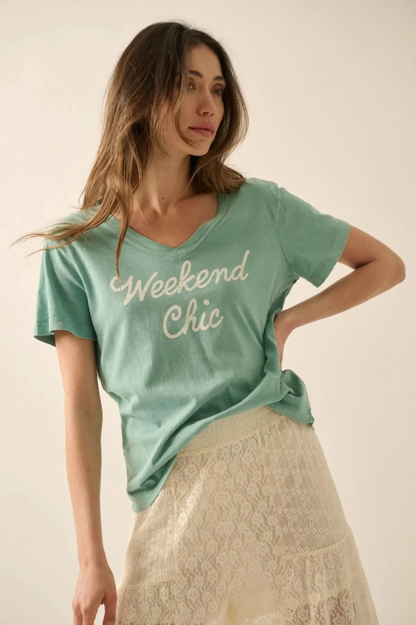 Weekend Chic Vintage-Wash V-Neck Graphic Tee sold by Promesa product image thumbnail 4