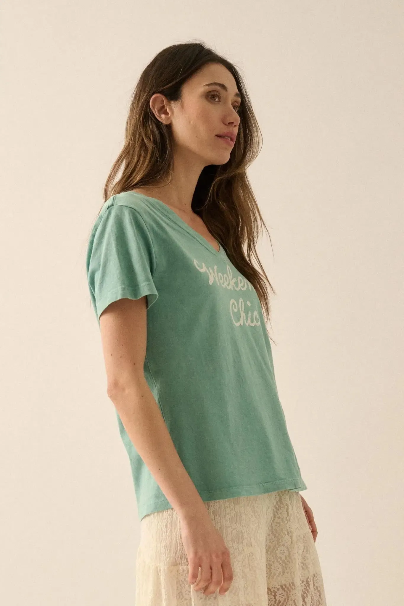 Weekend Chic Vintage-Wash V-Neck Graphic Tee sold by Promesa product image thumbnail 5