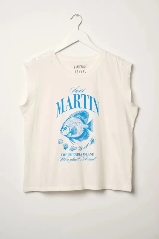 Saint Martin Distressed Sleeveless Graphic Tee sold by Promesa