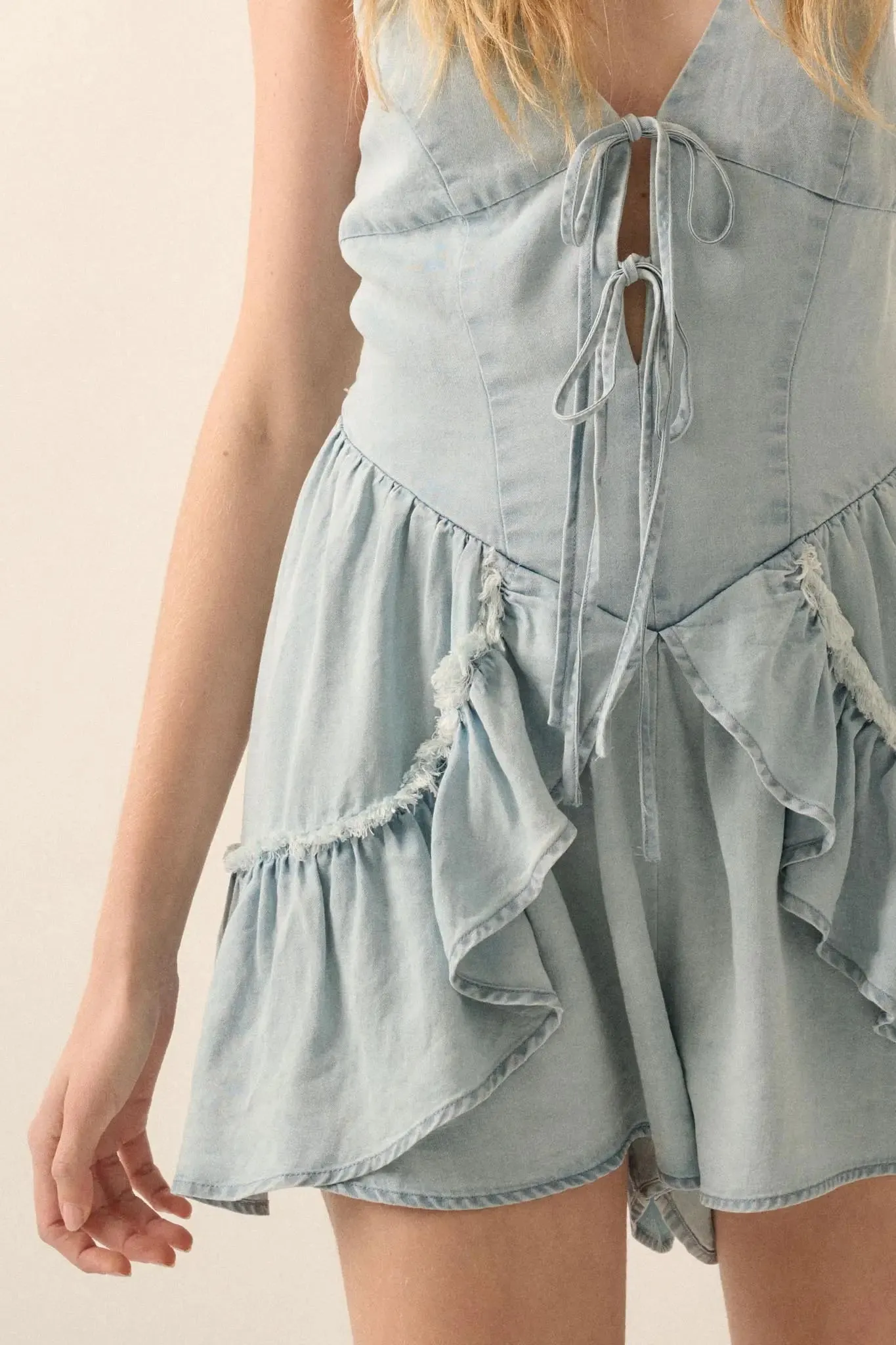 Above the Clouds Ruffled Denim Tie-Front Romper sold by Promesa product image thumbnail 5