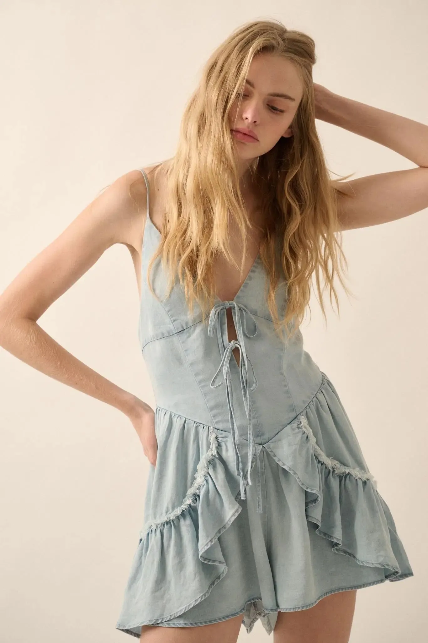 Above the Clouds Ruffled Denim Tie-Front Romper sold by Promesa product image thumbnail 4