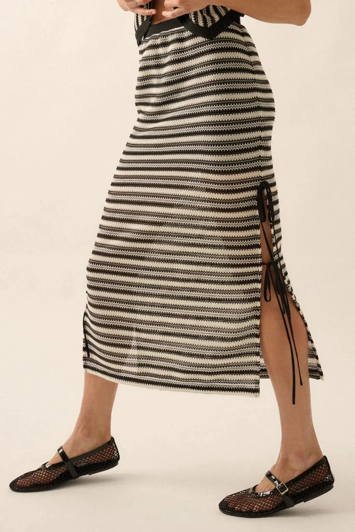 Line of Sight Striped Knit Side-Tie Midi Skirt sold by Promesa product image thumbnail 5