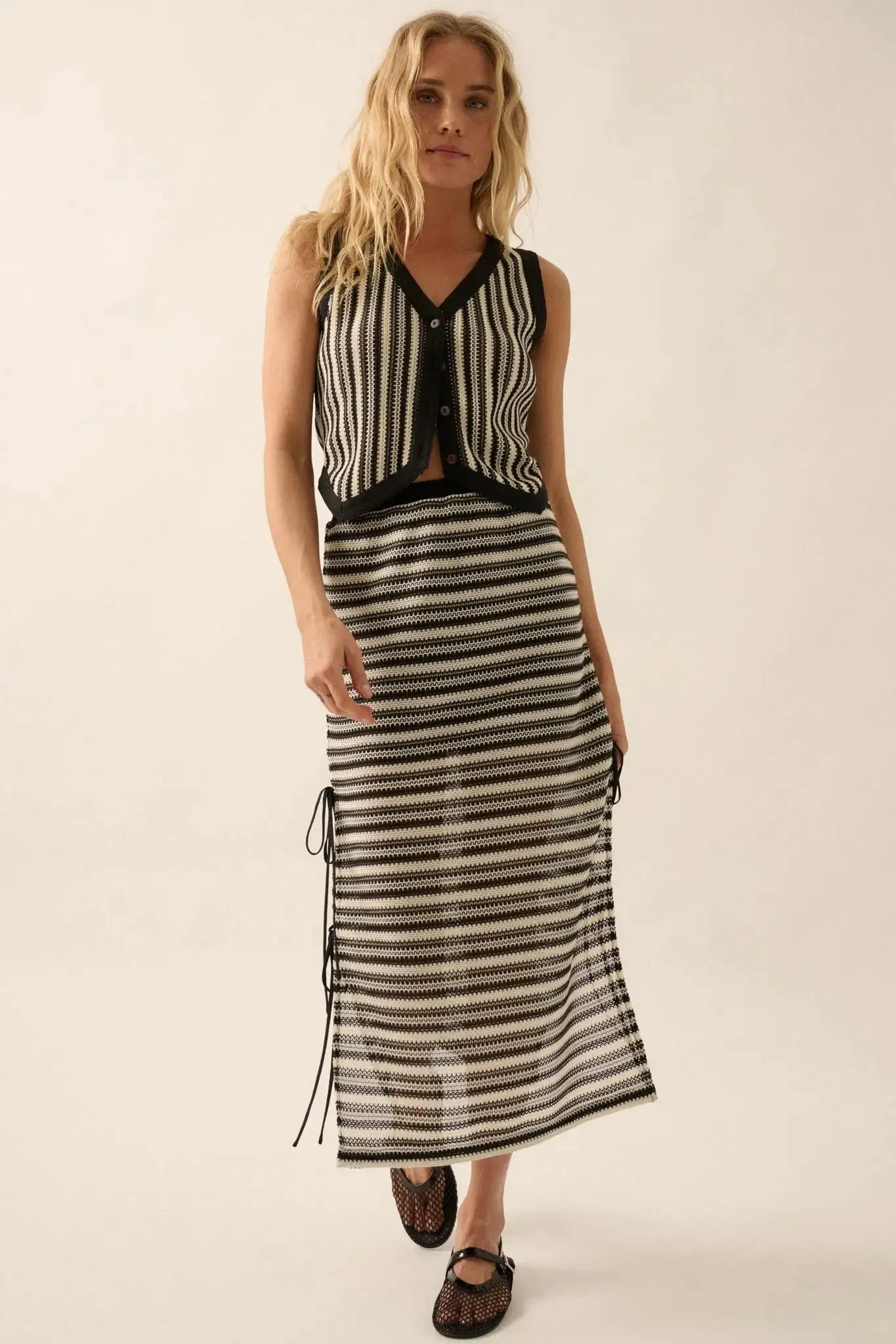 Line of Sight Striped Knit Side-Tie Midi Skirt sold by Promesa product image thumbnail 4
