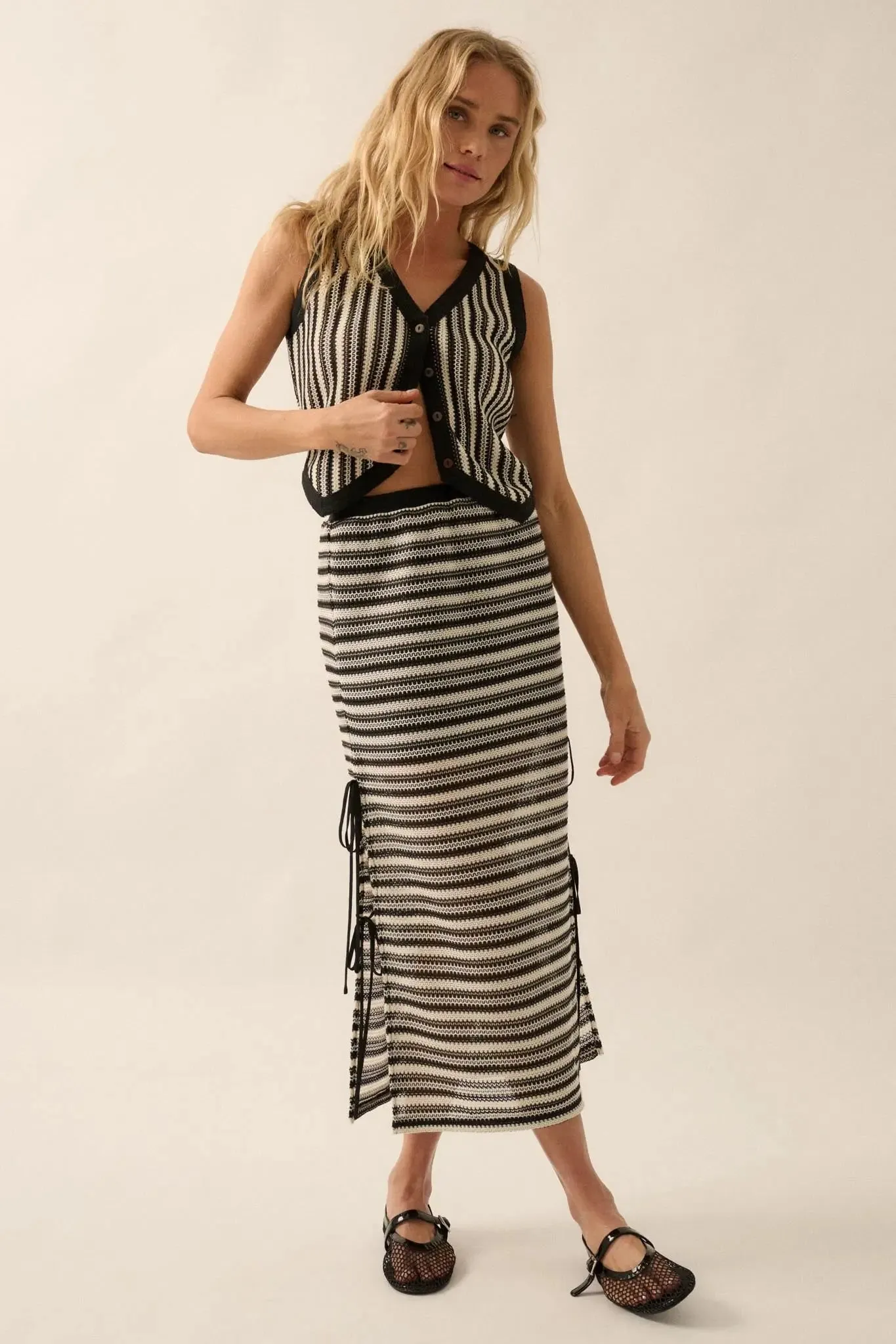 Line of Sight Striped Knit Side-Tie Midi Skirt sold by Promesa