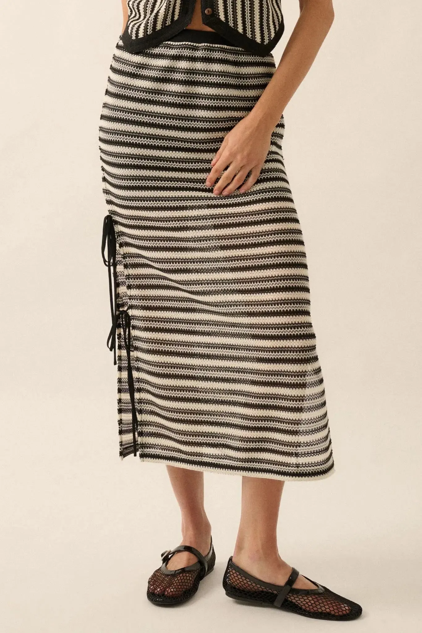 Line of Sight Striped Knit Side-Tie Midi Skirt sold by Promesa product image thumbnail 2