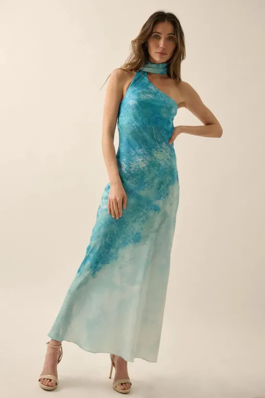 Raining Love Tie-Dye Satin Halter Maxi Dress sold by Promesa
